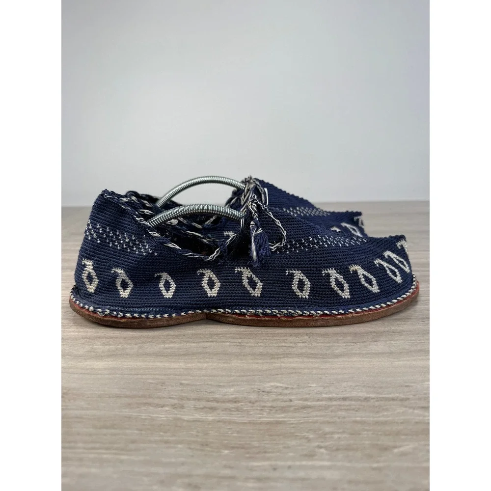 Handmade Kurdish Espadrilles Navy Blue Woven White Leather Slip-On Shoes Artisan